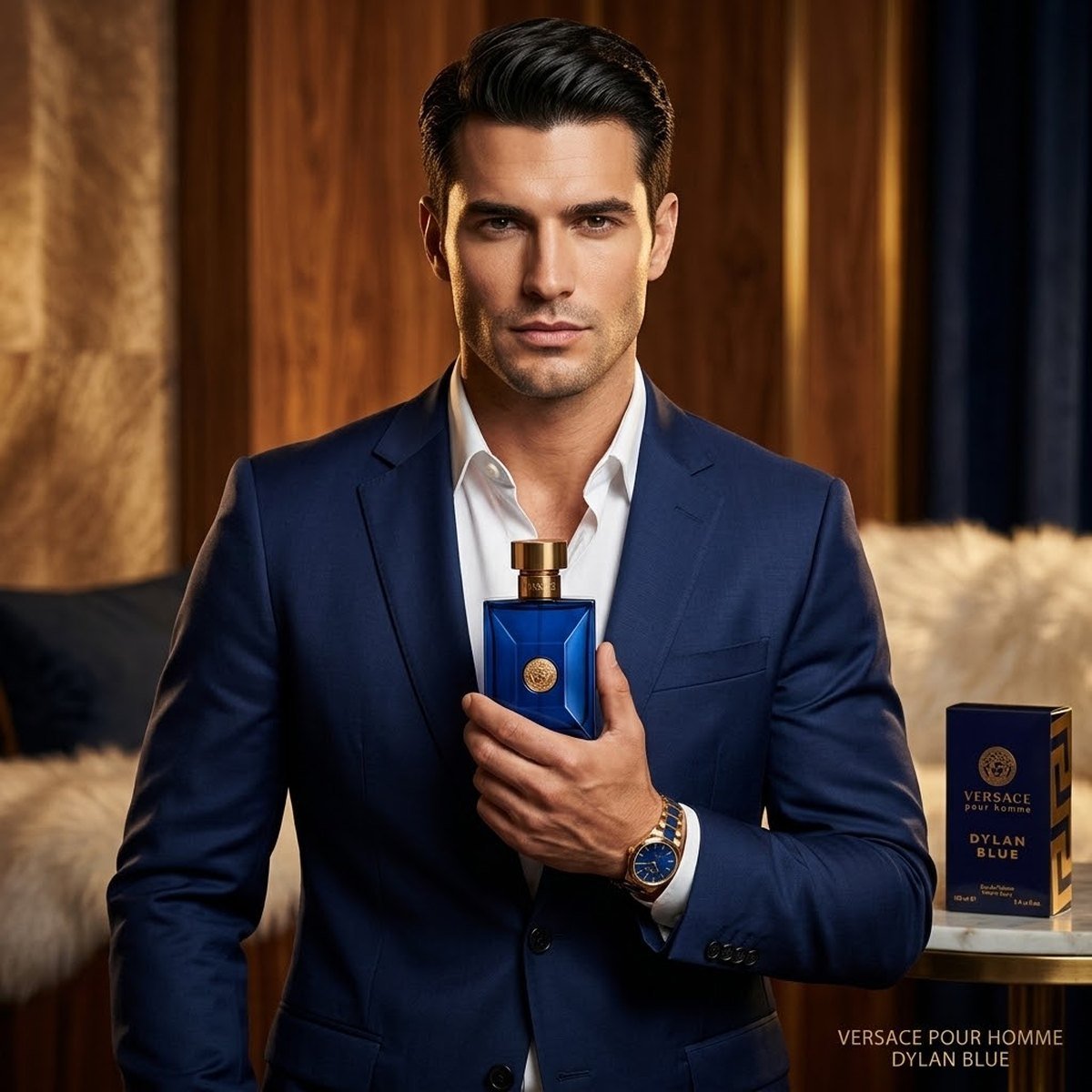 Versace Dylan Blue Pour Homme — a navy-and-gold campaign portrait